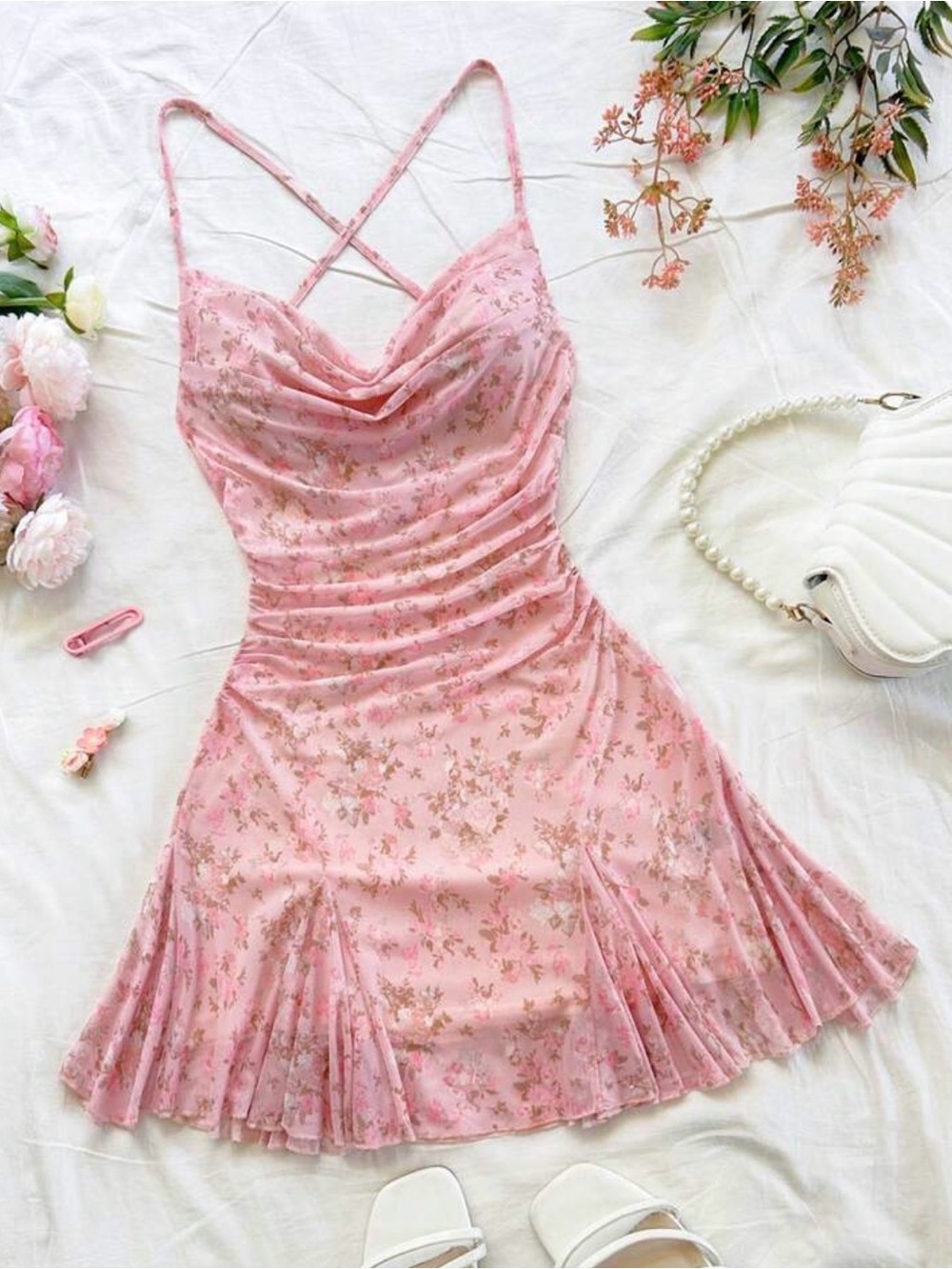 Pink Floral Cowl Neck Slip Dress